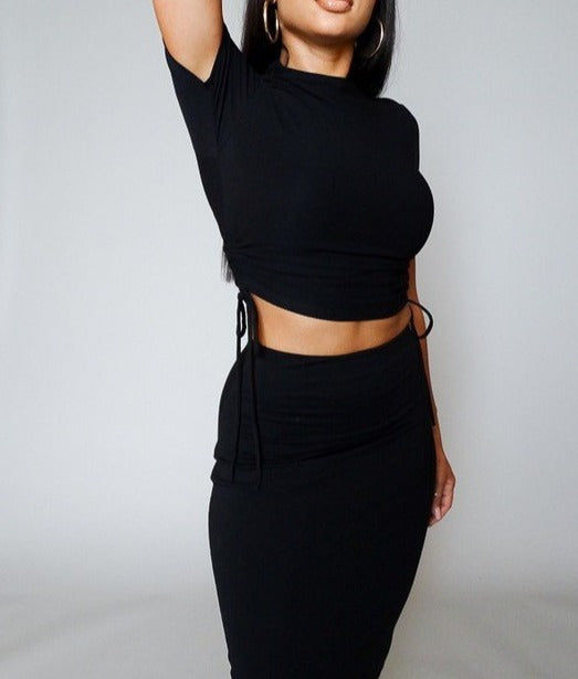 Rachel Crop Top and Midi Skirt Set (Black)