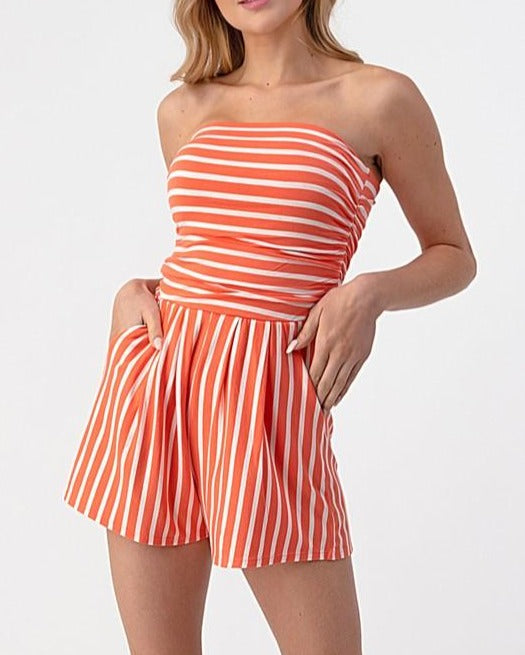 Anabel Short Romper (Coral/White)